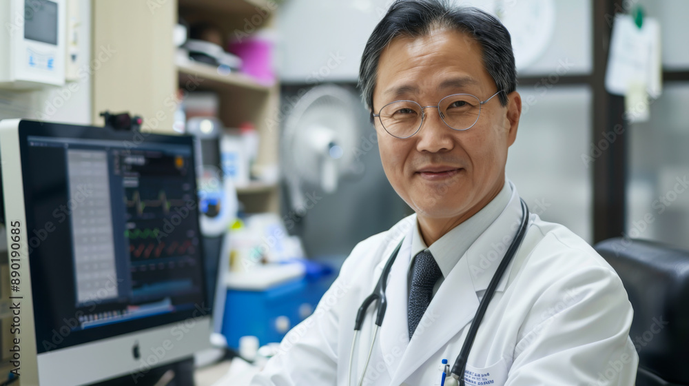 Portrait of a Korean man in uniform with a stethoscope at a computer in a modern office. A cheerful male doctor in a bathrobe receives a patient in the office. Healthcare concept. Portrait of a Korean man in uniform with a stethoscope at a computer in a modern office. A cheerful male doctor in a bathrobe receives a patient in the office. Healthcare concept.