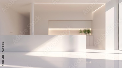 A white kitchen with a counter and a vase of green plants