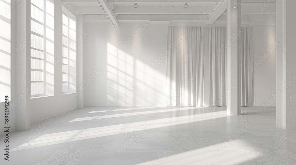 A large, empty room with white walls and white curtains A large, empty room with white walls and white curtains