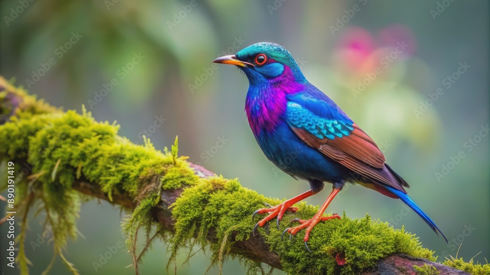 Vibrant Malabar Starling perched on moss-covered tree branch, iridescent feathers glistening in misty mountainous forest, India's Western Ghats region. Vibrant Malabar Starling perched on moss-covered tree branch, iridescent feathers glistening in misty mountainous forest, India's Western Ghats region.