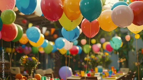 A festive party setting with strings of floating inflatable balloons serving as colorful decorations for a celebration.