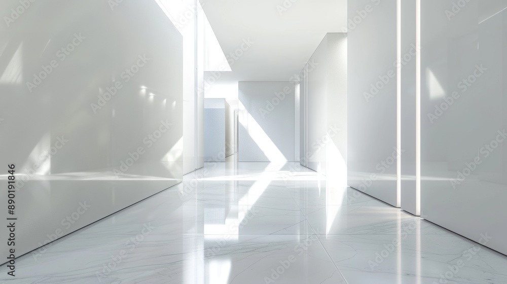 Obraz premium A long, narrow hallway with white walls and white flooring