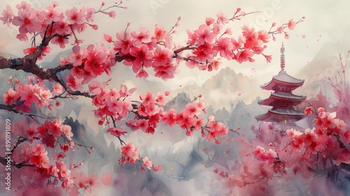 Fototapeta Naklejka Na Ścianę i Meble -  Cherry blossoms and pagoda in tranquil japanese landscape - generative ai