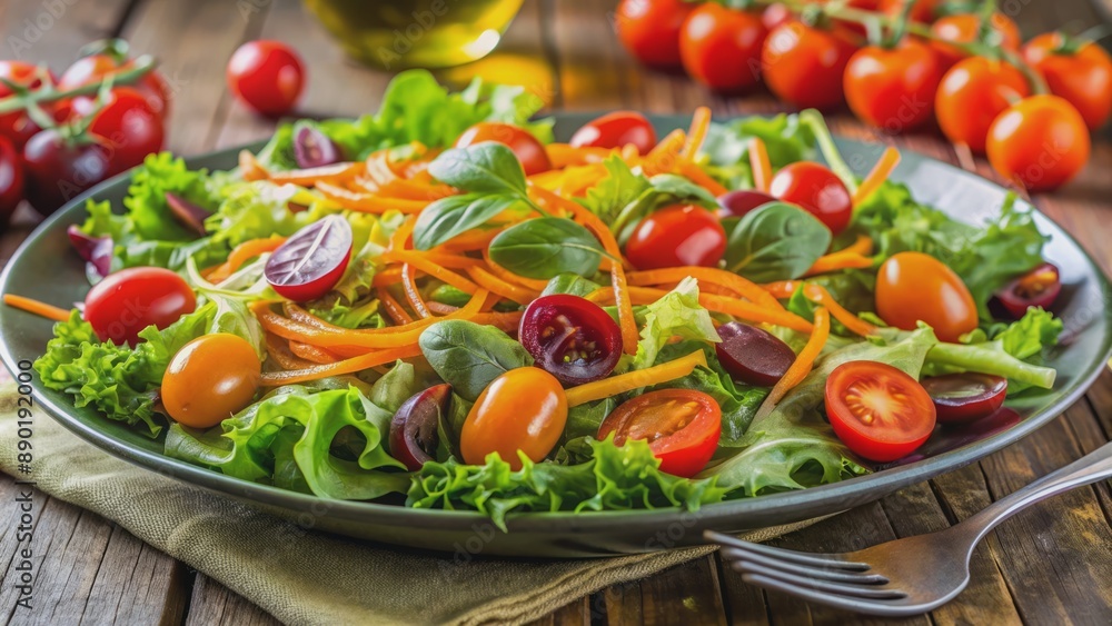 Unappealing, vibrant green garden salad with cherry tomatoes and carrots sits alone on a dull, institutional cafeteria table. Unappealing, vibrant green garden salad with cherry tomatoes and carrots sits alone on a dull, institutional cafeteria table.