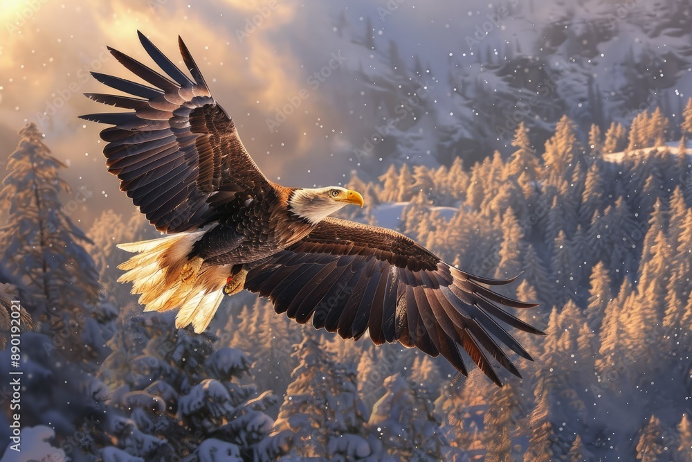 Naklejka premium a bald eagle flying over a snowy forest