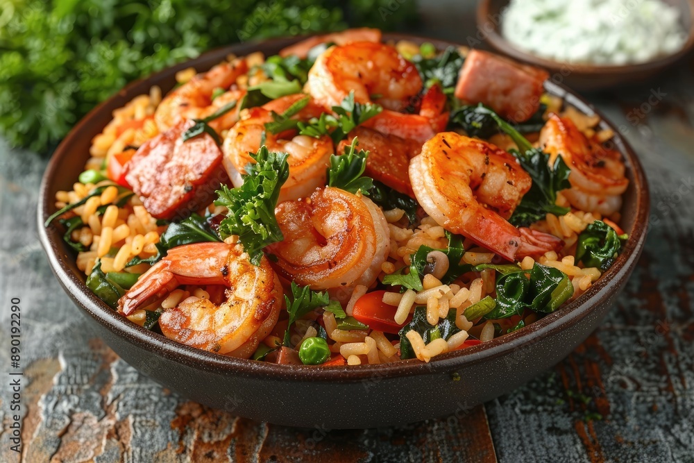 Savory and Flavorful Seafood and Sausage Paella with Fresh Herbs Savory and Flavorful Seafood and Sausage Paella with Fresh Herbs
