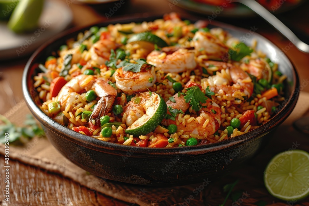Succulent and Flavorful Seafood Paella with Vibrant Vegetables and Aromatic Herbs Succulent and Flavorful Seafood Paella with Vibrant Vegetables and Aromatic Herbs