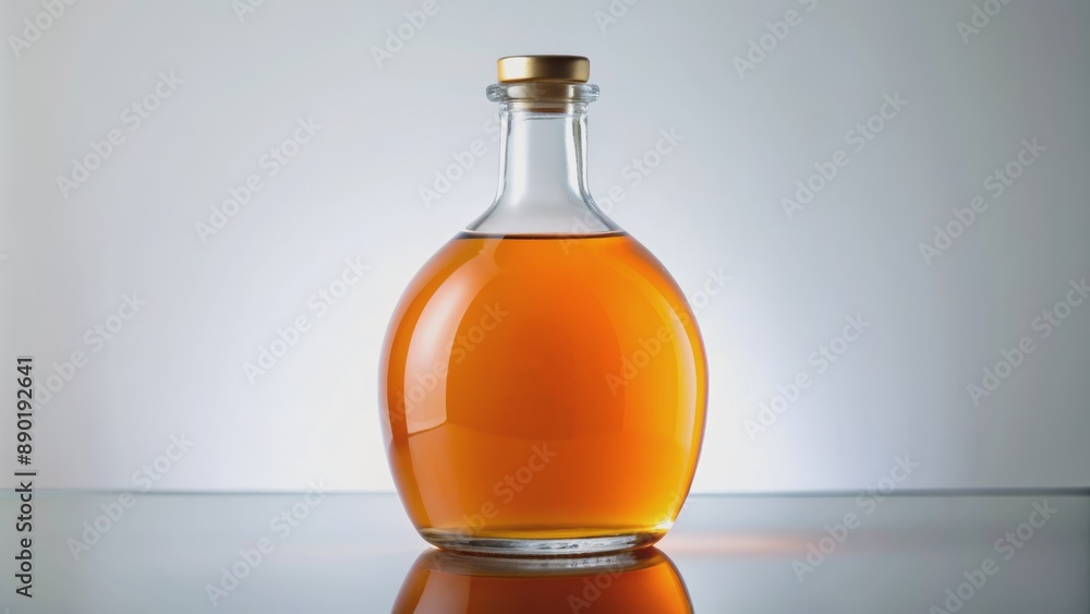 Vibrant orange juice fills a clear glass bottle, set against a pristine white background, with a subtle gradient. Vibrant orange juice fills a clear glass bottle, set against a pristine white background, with a subtle gradient.