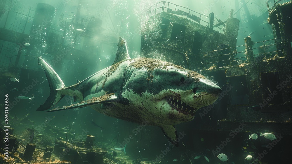 Fototapeta premium Great white shark in sunken shipwreck - generative ai