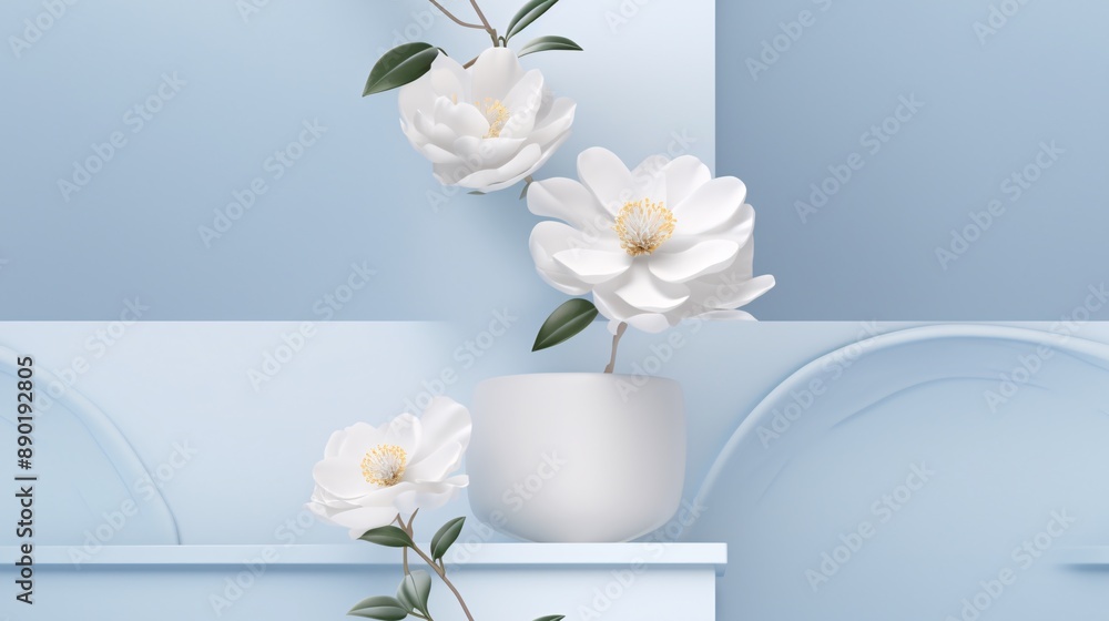 Sophisticated 3D render of a minimal scene with a podium and seamless Camellia japonica flower pattern in pastel blue and white, ideal for cosmetic product displays Sophisticated 3D render of a minimal scene with a podium and seamless Camellia japonica flower pattern in pastel blue and white, ideal for cosmetic product displays