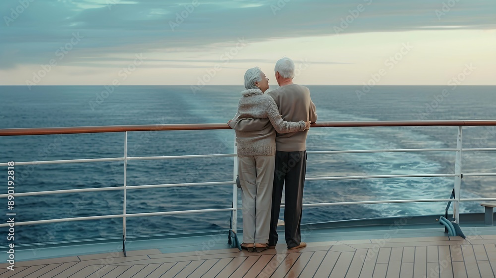 A senior couple enjoying their golden years by traveling on a luxurious cruise ship. They are seen standing on the deck, looking out at the vast ocean, embodying the spirit of adventure and love. A senior couple enjoying their golden years by traveling on a luxurious cruise ship. They are seen standing on the deck, looking out at the vast ocean, embodying the spirit of adventure and love.