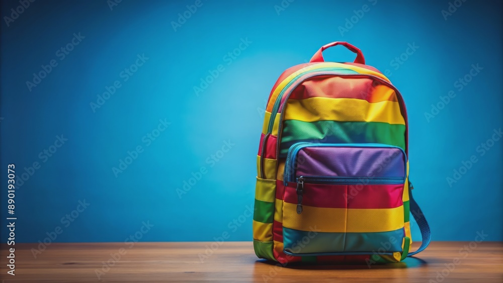 Brightly colored, empty, and isolated, a clean backpack stands against a blurred, gradient blue background, awaiting customization with text. Brightly colored, empty, and isolated, a clean backpack stands against a blurred, gradient blue background, awaiting customization with text.