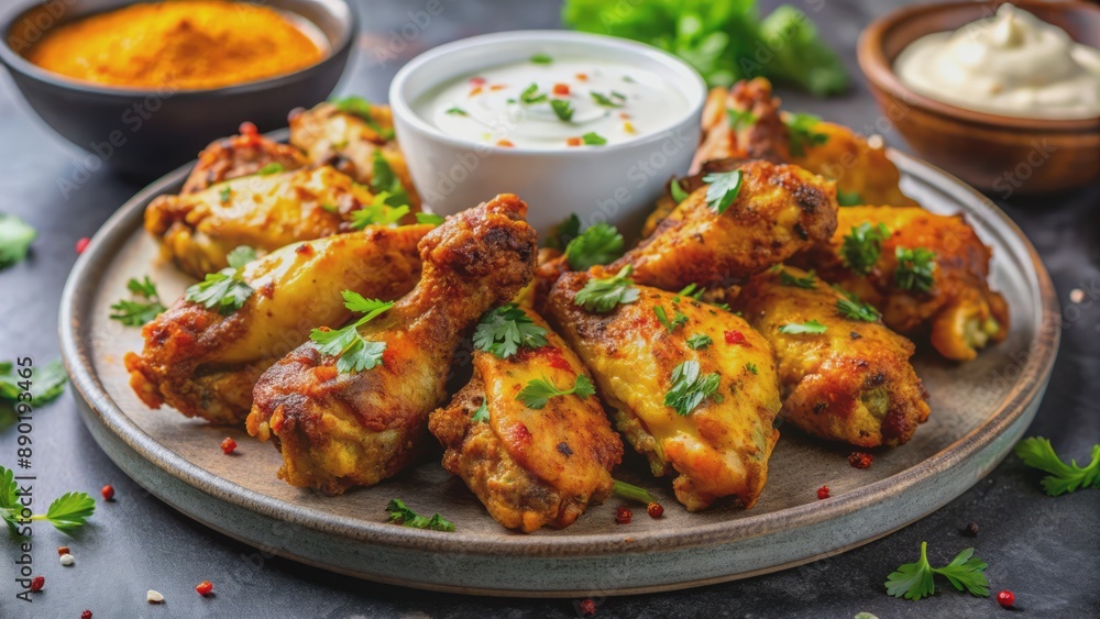 Savory baked curry chicken wings arranged on a marble table, paired with a side of creamy greek yogurt, invitingly presented. Savory baked curry chicken wings arranged on a marble table, paired with a side of creamy greek yogurt, invitingly presented.