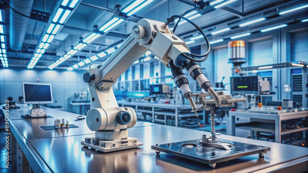 Modern robotic arm and microelectronics components on workbench in high-tech laboratory with futuristic machines and tools surrounding. Modern robotic arm and microelectronics components on workbench in high-tech laboratory with futuristic machines and tools surrounding.