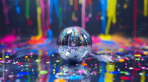 A shiny silver ball is sitting on a colorful surface with paint splatters