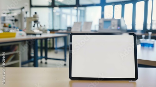 A tablet with a blank white screen resting on a desk in a science lab, with lab equipment and safety goggles nearby, creating a dynamic education environmen