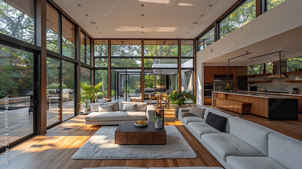 Minimalist open-concept living area with minimal furniture and large windows. Minimalist open-concept living area with minimal furniture and large windows.