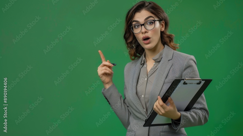 Business woman in gray suit with clipboard making a point, standing against green background, looking surprised and engaged. Business woman in gray suit with clipboard making a point, standing against green background, looking surprised and engaged.