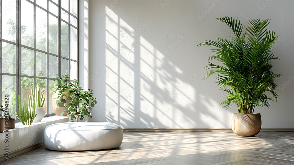 Minimalist white-walled room with a single, large indoor plant as the focal point. Minimalist white-walled room with a single, large indoor plant as the focal point.
