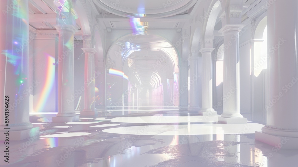 A large, empty room with white pillars A large, empty room with white pillars