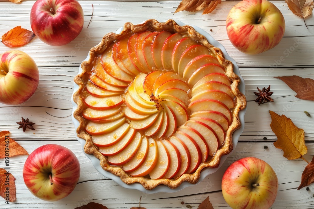 homemade apple pie on wooden light background with apples, cinnamon and cloves, top view perfect for recipe website and cooking school homemade apple pie on wooden light background with apples, cinnamon and cloves, top view perfect for recipe website and cooking school