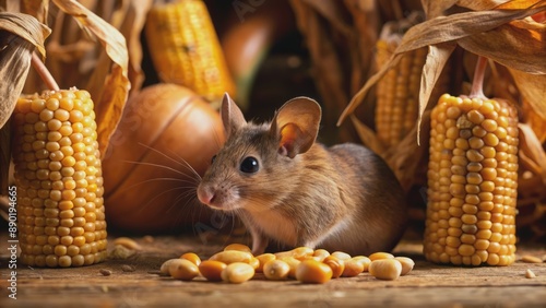 Adorable brown mouse Mus musculus scavenges for food amidst rustic grain storage surrounded by golden maize cobs in dimly lit ambiance. photo