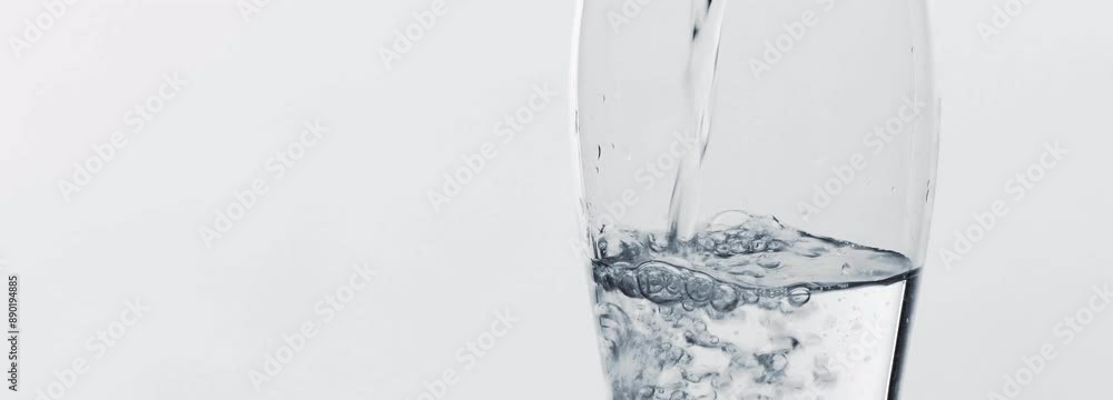 pouring clear water into a transparent water glass isolated on white background banner, abstract closeup concept of a refreshing beverage with copy space pouring clear water into a transparent water glass isolated on white background banner, abstract closeup concept of a refreshing beverage with copy space