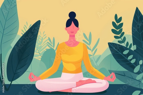 Wallpaper Mural Illustration of a woman in a yellow top meditating outdoors surrounded by large leaves, symbolizing relaxation and mindfulness. Torontodigital.ca