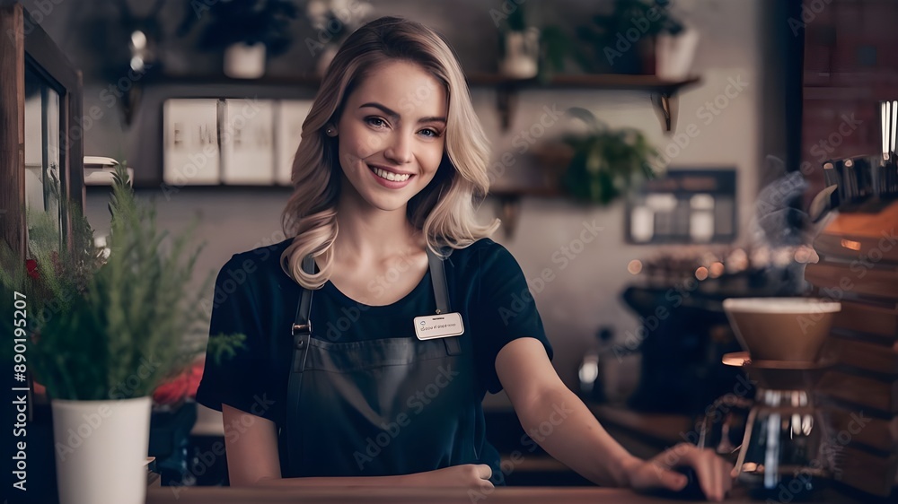 A beautifully lit photograph of a young, attractive and smiling woman working part-time at a cozy coffee shop, her blonde hair cascading down her shoulders. A beautifully lit photograph of a young, attractive and smiling woman working part-time at a cozy coffee shop, her blonde hair cascading down her shoulders.