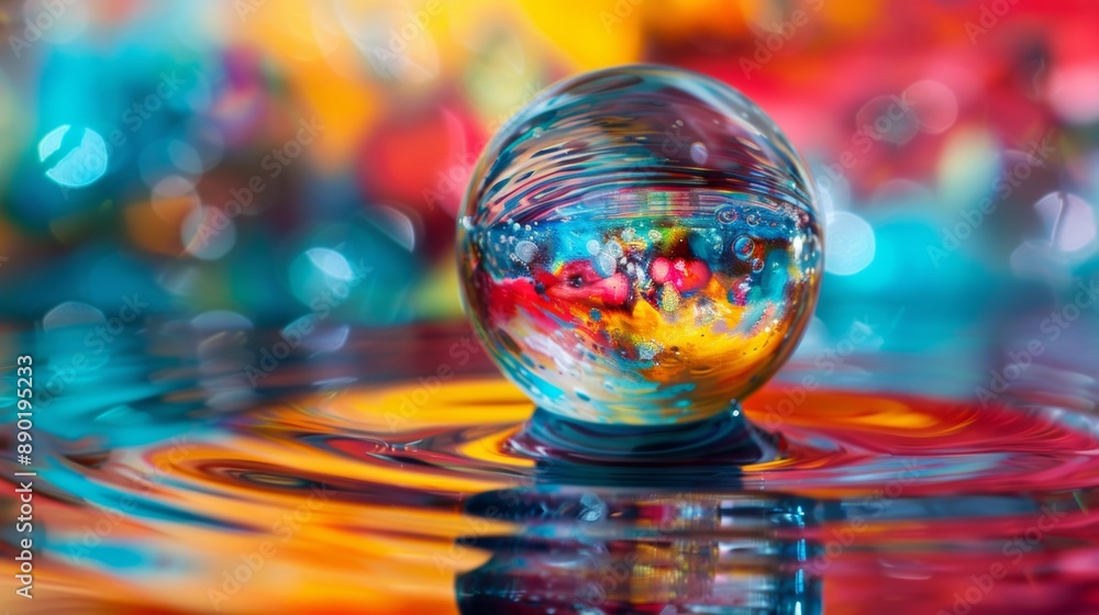 A colorful ball is floating on top of a body of water A colorful ball is floating on top of a body of water