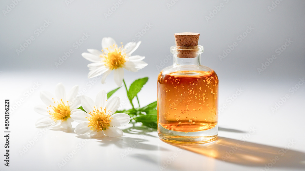Close-up of flower essential oil in a glass bottle on a white background. Freshness of aromatherapy with a sprinkling of flowers. AI-Generated Close-up of flower essential oil in a glass bottle on a white background. Freshness of aromatherapy with a sprinkling of flowers. AI-Generated