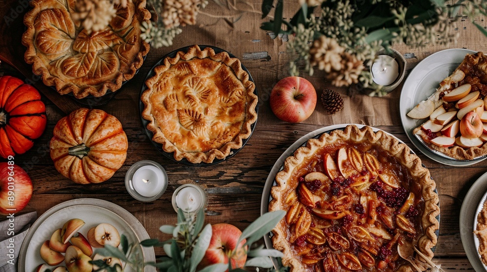 Rustic autumn table with beautifully decorated pies with leaf motifs closeup image. Overhead thanksgiving desserts close up photography. Traditional homemade food concept photo realistic Rustic autumn table with beautifully decorated pies with leaf motifs closeup image. Overhead thanksgiving desserts close up photography. Traditional homemade food concept photo realistic