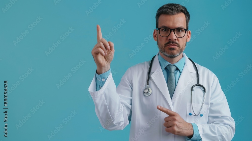 Confident doctor in white coat with stethoscope gesturing over blue background, pointing up and down with focused expression. Confident doctor in white coat with stethoscope gesturing over blue background, pointing up and down with focused expression.