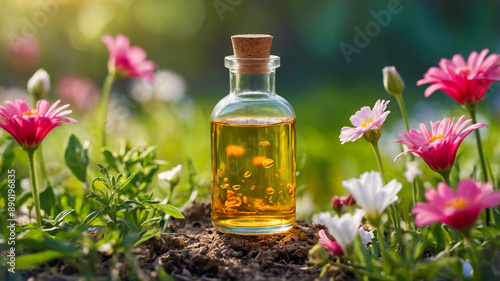 Close-up of flower essential oil in a glass bottle on garden soil with plants and flowers around it. Freshness of aromatherapy with natural concepts. AI-Generated