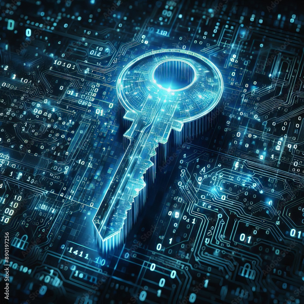 Digital key made of glowing binary code, symbolizing cybersecurity and encryption in a virtual environment.
Digital key made of glowing binary code, symbolizing cybersecurity and encryption in a virtual environment.