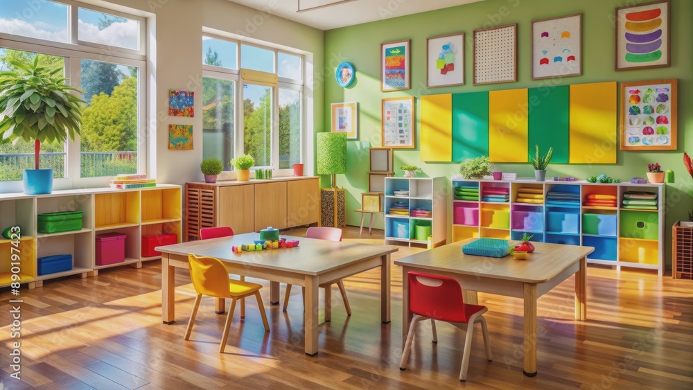 Vibrant colorful classroom with bright posters, educational charts, and a neat wooden desk, conveying a sense of learning and joy. Vibrant colorful classroom with bright posters, educational charts, and a neat wooden desk, conveying a sense of learning and joy.