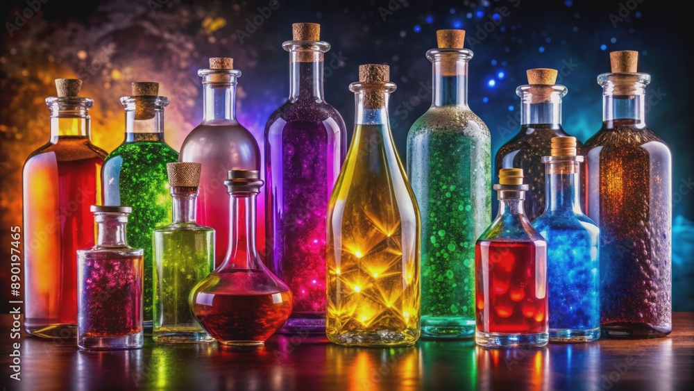 Vibrant, intricately crafted glass bottles showcase a mesmerizing spectrum of colorful, infused liquids, set against a mysterious, dark, velvety backdrop. Vibrant, intricately crafted glass bottles showcase a mesmerizing spectrum of colorful, infused liquids, set against a mysterious, dark, velvety backdrop.
