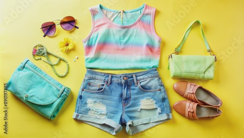 Vibrant summer outfit arranged artfully on a pastel background, comprising trendy top, distressed denim shorts, and matching stylish accessories. photo