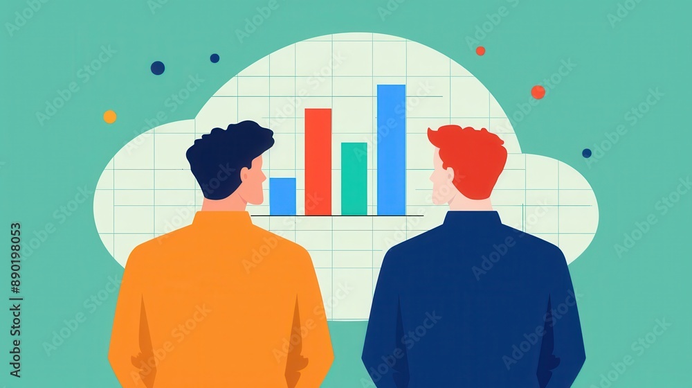 Two businessmen observing a bar chart on a green background, symbolizing data analysis, business strategy, and financial planning. Two businessmen observing a bar chart on a green background, symbolizing data analysis, business strategy, and financial planning.