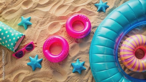 Vibrant blue and pink beach accessories, including inflatables and sunglasses, scattered on a sandy surface, perfect for summer holiday banner. photo