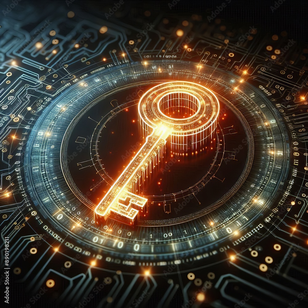 Digital key made of glowing binary code, symbolizing cybersecurity and encryption in a virtual environment.
Digital key made of glowing binary code, symbolizing cybersecurity and encryption in a virtual environment.