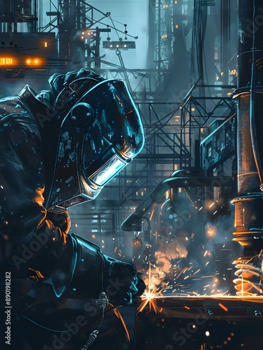 A futuristic worker in a welding mask works on a metal structure in a dimly lit industrial setting.