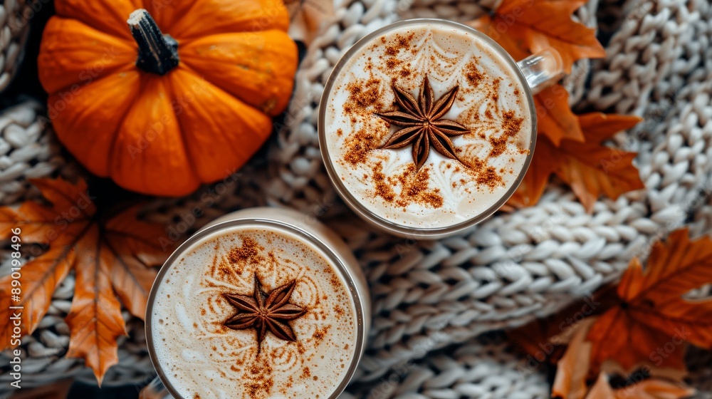 Two cozy autumn drinks topped with star anise and cinnamon closeup image. Pumpkin spice latte on chunky knit blanket fall leaves close up photography. Hygge mood concept photo realistic Two cozy autumn drinks topped with star anise and cinnamon closeup image. Pumpkin spice latte on chunky knit blanket fall leaves close up photography. Hygge mood concept photo realistic