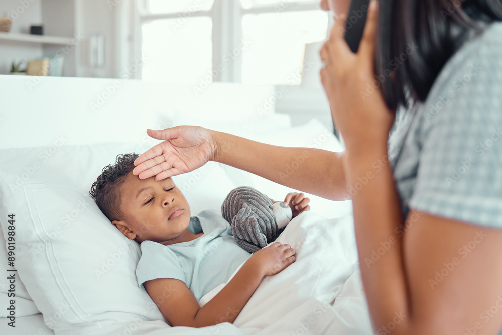 Obraz premium Mother, phone call and sick boy in bedroom, check fever and medical consultation for pediatrician advice. Healthcare, feeling forehead and flu with woman monitor, apartment and virtual conversation