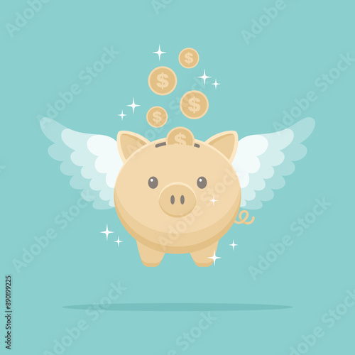 Gold coins pouring into a flying golden piggy bank with wings. Flat vector illustration