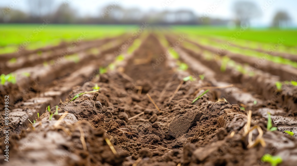 Close-up of freshly plowed fields with young crops sprouting, showcasing agricultural practice and soil preparation for farming season. Close-up of freshly plowed fields with young crops sprouting, showcasing agricultural practice and soil preparation for farming season.