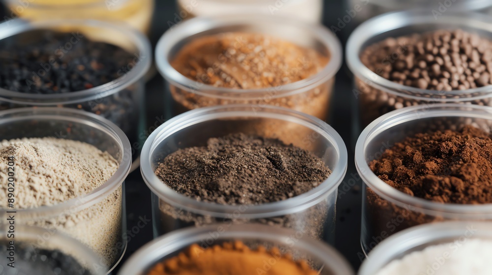 A close-up view of assorted soil samples stored in plastic containers, showcasing a range of colors and textures. The image highlights the variety and richness of soil compositions. A close-up view of assorted soil samples stored in plastic containers, showcasing a range of colors and textures. The image highlights the variety and richness of soil compositions.