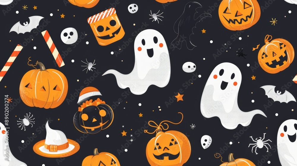 Design a Halloween pattern featuring a mix of scary and cute elements like friendly ghosts, smiling pumpkins, and candy treats. Design a Halloween pattern featuring a mix of scary and cute elements like friendly ghosts, smiling pumpkins, and candy treats.