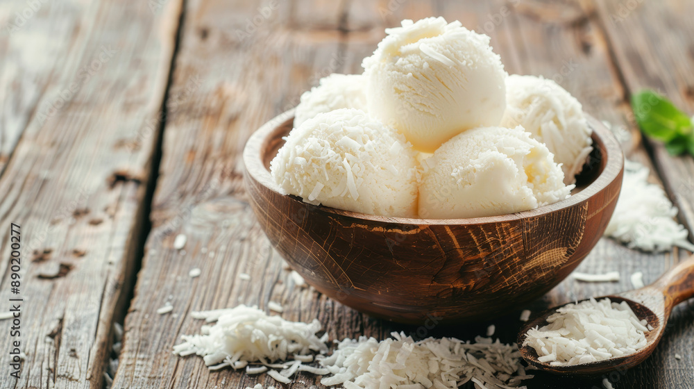 Bowl with balls of coconut ice cream topped with desiccated coconut, set on a wooden table. Bowl with balls of coconut ice cream topped with desiccated coconut, set on a wooden table.