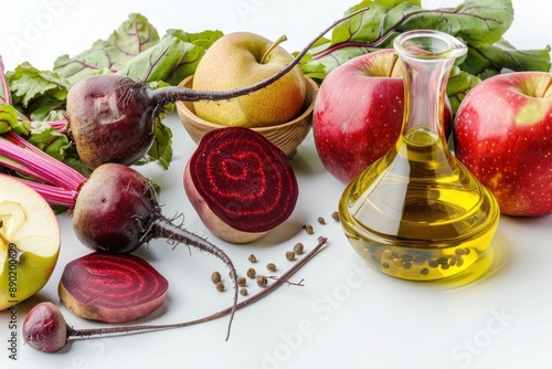 olive oil, beets, and apples known for supporting gallbladder health on a pure white background. photo